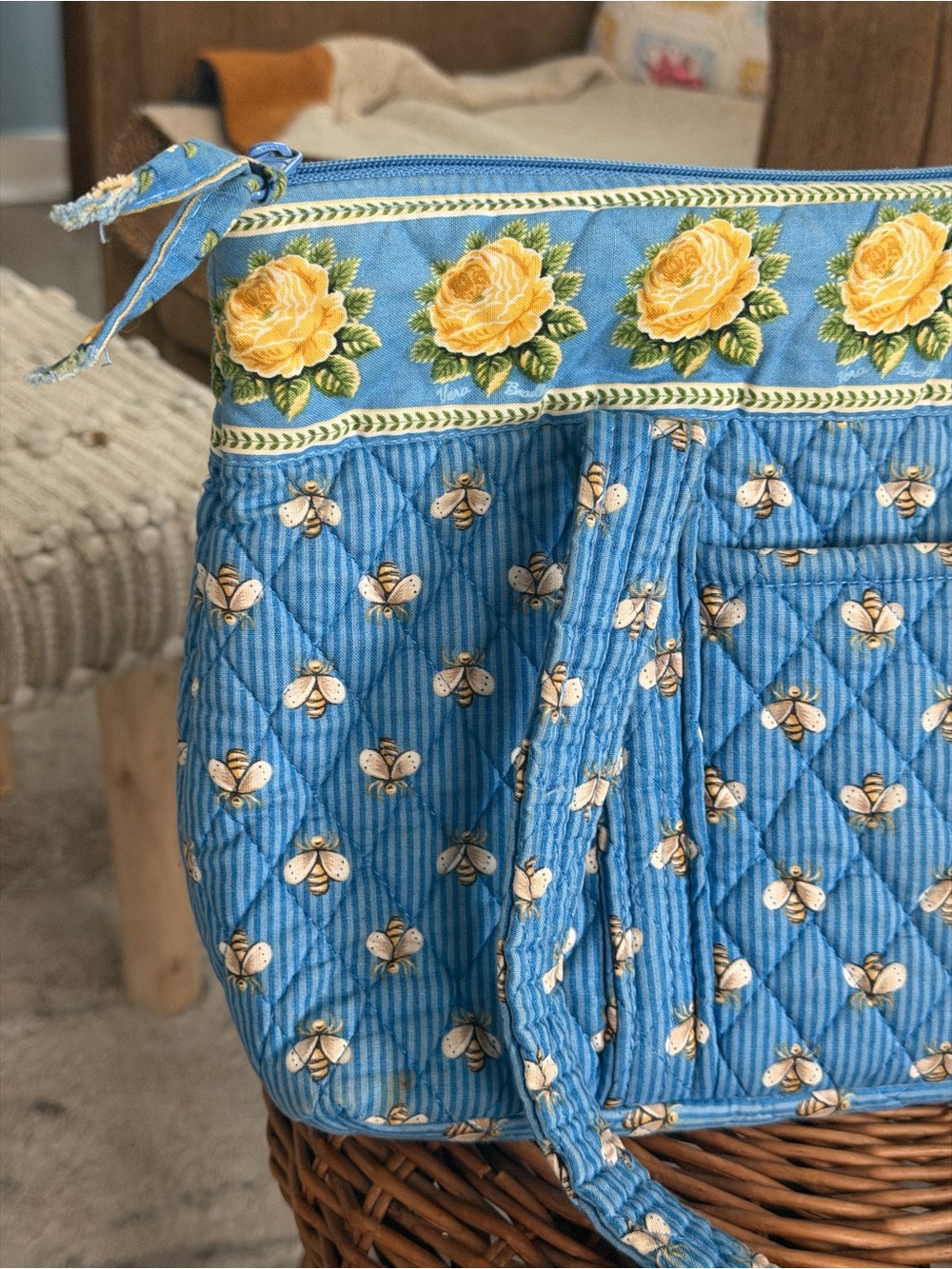 Vera Bradley Blue Quilted Tote with Yellow Rose Trim - Picture 2 of 16